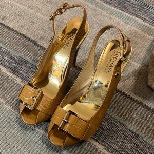 Michael Kors Brown Croc-Embossed Slingback Heels